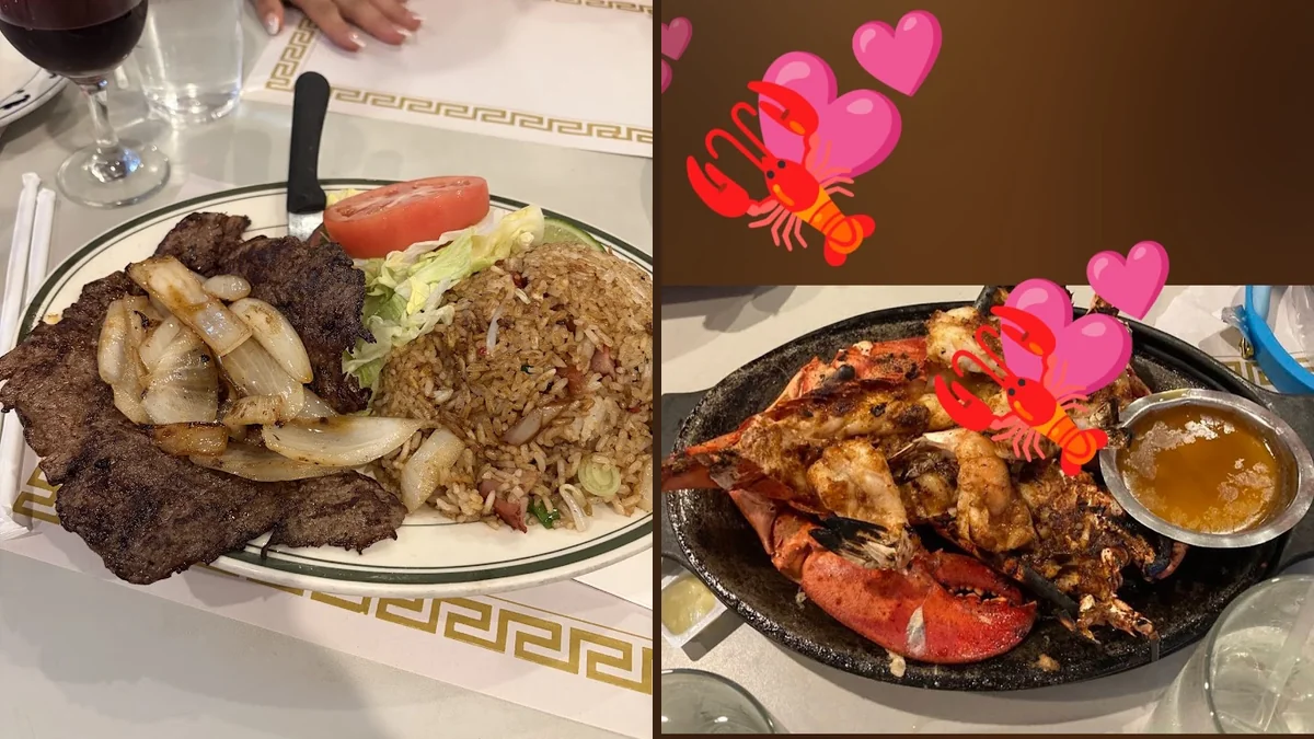 A seafood and rice meal on white plates